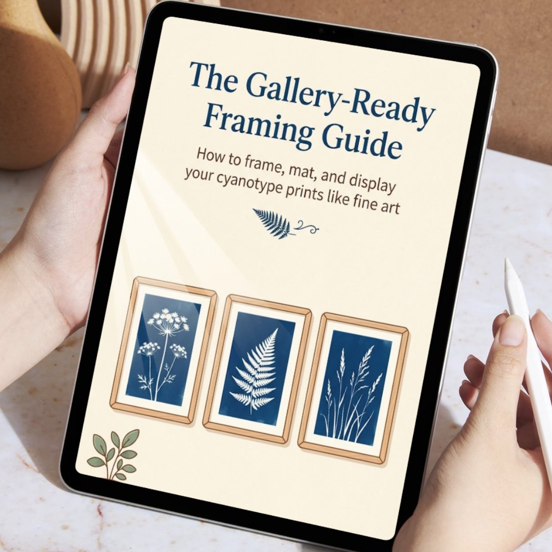 Bonus 1 preview on a tablet: The Gallery-Ready Framing Guide showing framed cyanotype prints