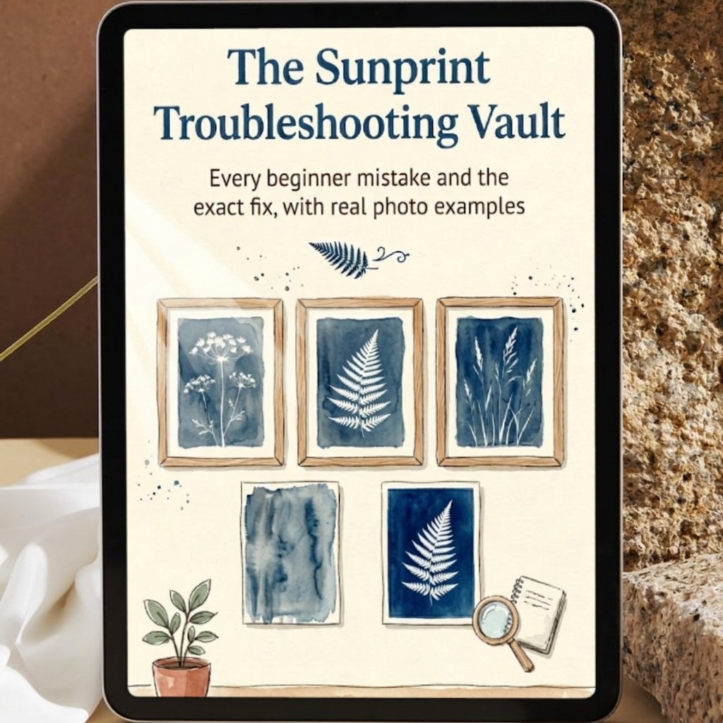 Bonus 2 preview on a tablet: The Sunprint Troubleshooting Vault, covering every beginner mistake and the exact fix with cyanotype example thumbnails