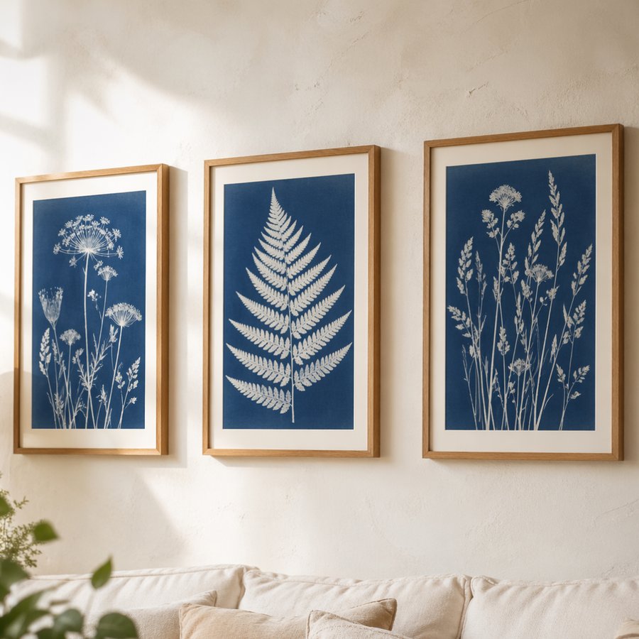 Three framed Prussian blue cyanotype botanical prints on a cream wall above a linen sofa