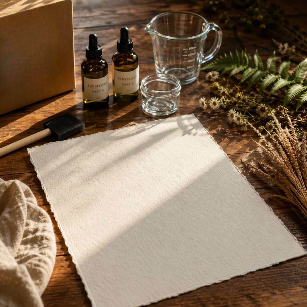 Module 1: Cyanotype supplies laid out on a wood table including sensitizer bottles, a foam brush, handmade paper, and dried botanicals