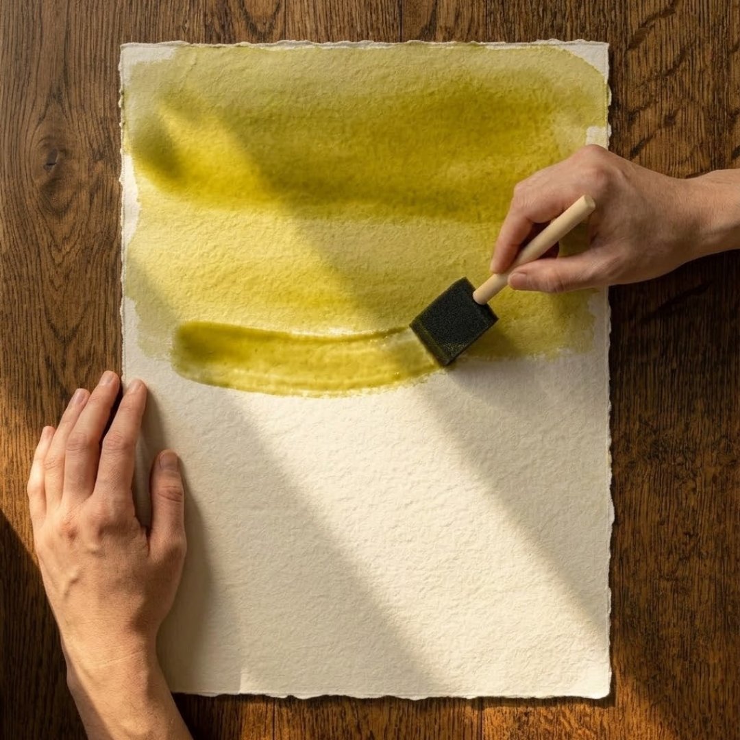 Module 2: A hand brushing yellow-green cyanotype sensitizer onto a sheet of handmade paper with a foam brush
