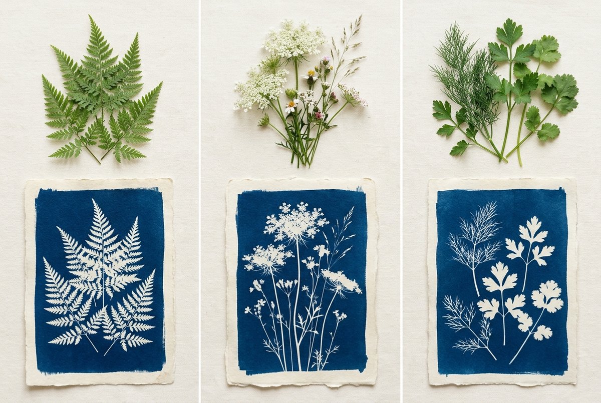 Three piles of raw botanicals (ferns, wildflowers, culinary herbs) above three matching finished cyanotype prints on cream paper showing the resulting Prussian blue silhouettes